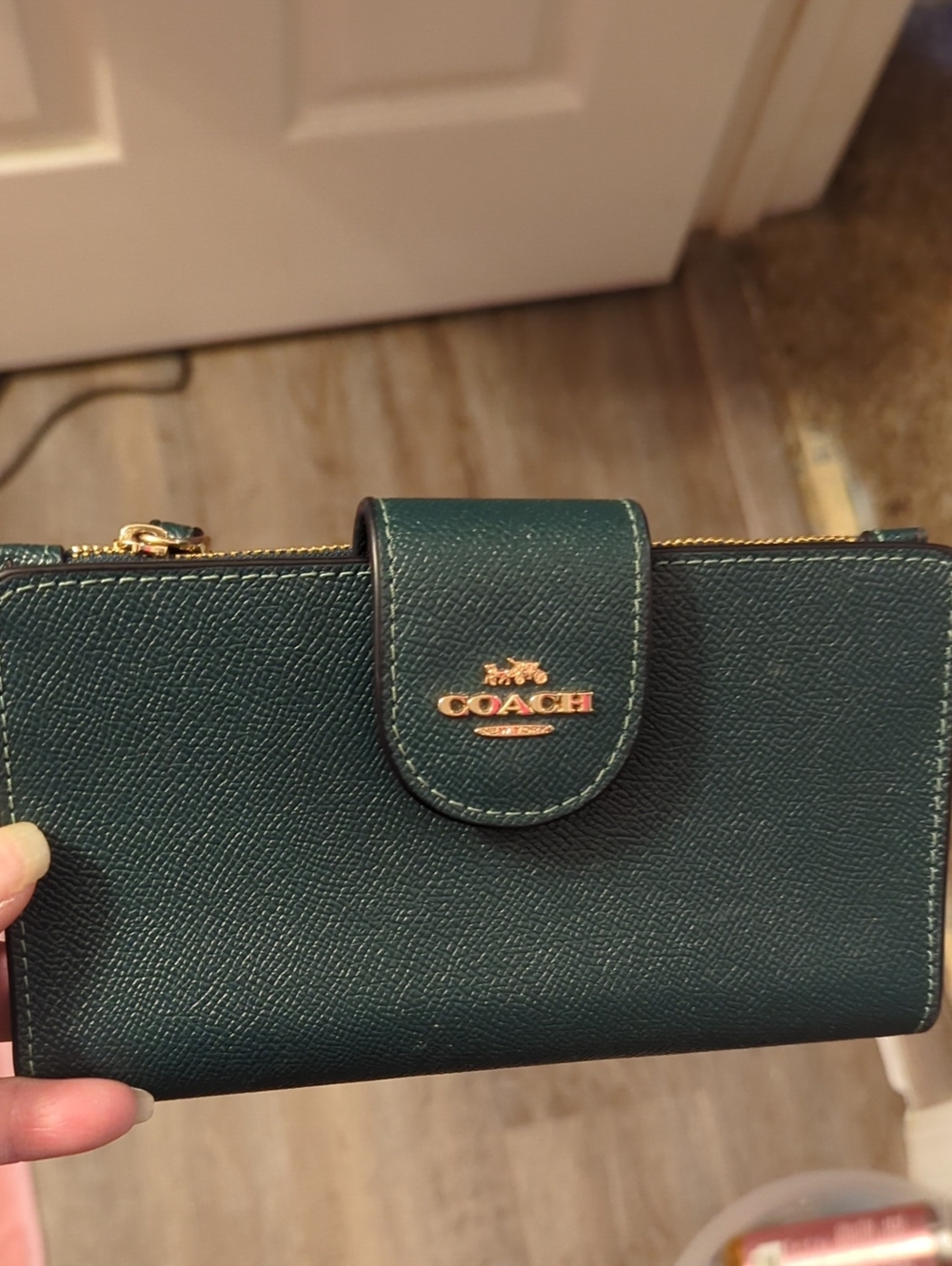 Coach Teal Saffiano Leather Compact Wallet with Gold Logo